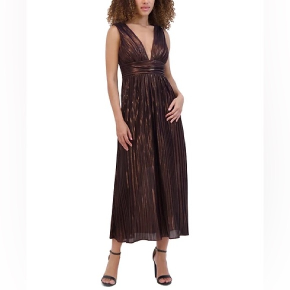 Siena Women's Metallic Pleated Midi Dress in Chocolate Size 8